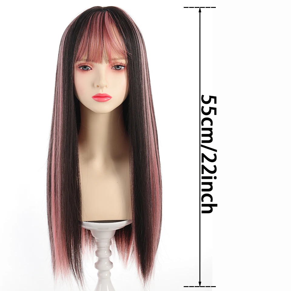Black And Pink Long Straight Hair With Bangs Synthetic Cosplay Lolita Sweet And Cute Girl Daily Wig Halloween Christmas gift﻿