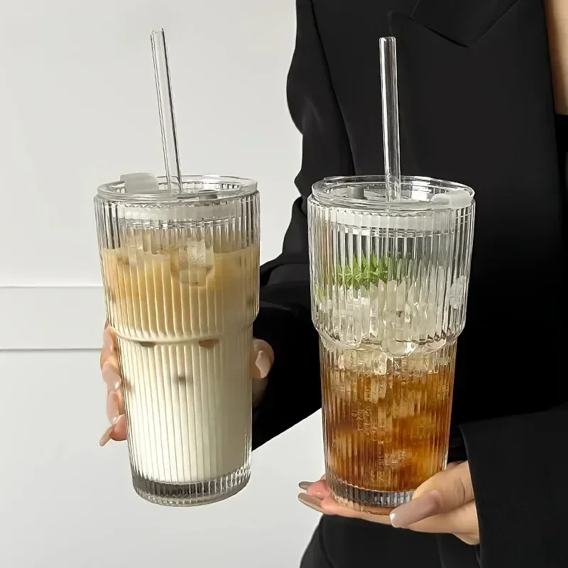 600ML glass cup Striped Cup with Lid Straw Transparent Milk Iced Coffee Cup Beverage 1pcs