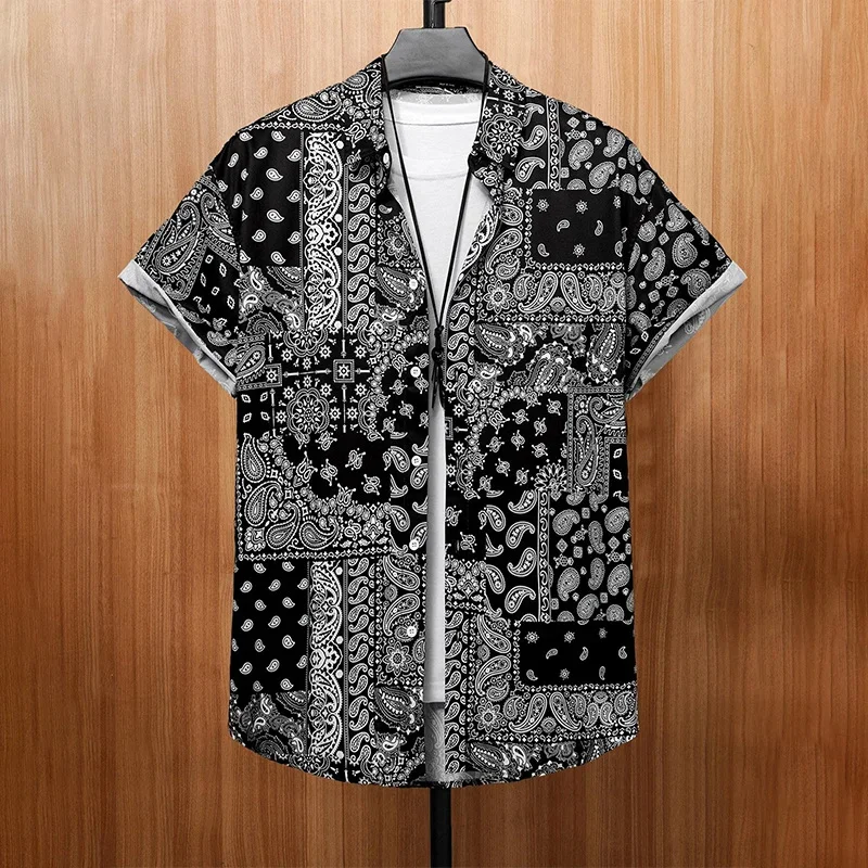 thumbnail image 1 of Camisa hawaiana con estampado retro de flores y empalmes para hombre, blusas de manga corta con botones y solapa, estilo hawaiano, para verano, 1 of 5