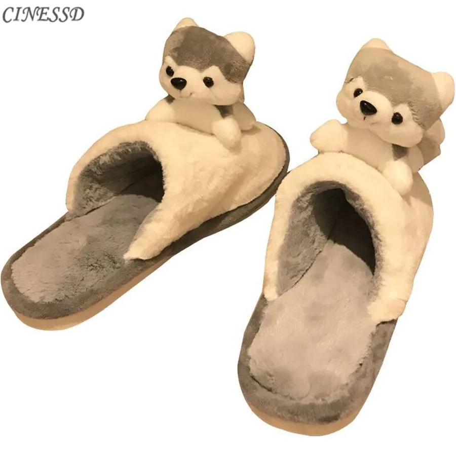 

2023 Cartoon Cute Dog Husky Ferocious Men Slippers Warm Fluffy Home Slipper Winter Women House Shoes Slides Mens Animal Slippers