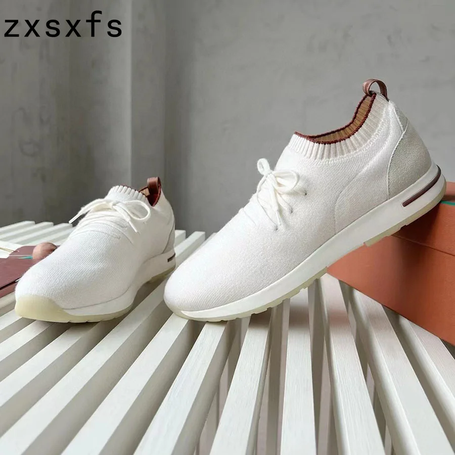 

New Knitted Flat Sneakers Men Lace Up Male Loafers Breathable Mules Casual Flat Shoes Summer Walk Men Runners Shoes