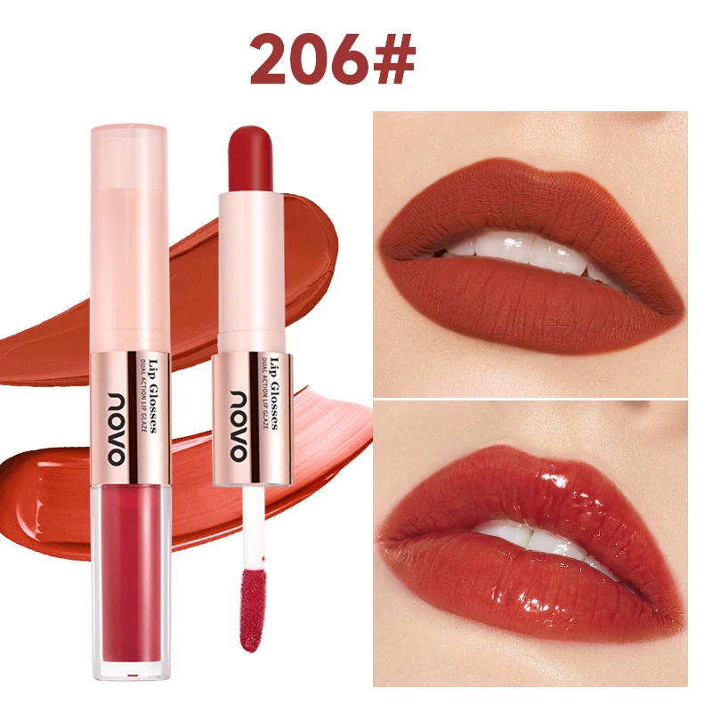 Batom e brilho labial 2 em 1 de ponta dupla - acabamento fosco e espelhado, bloqueio de cor de longa duração, fórmula nutritiva com óleo de semente 9