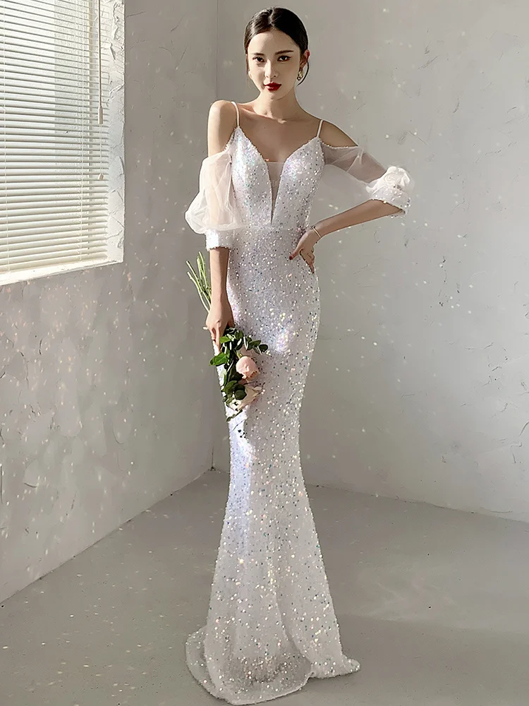 

Fishtail Evening Dress for Women's Summer Banquet 2023 New Design Sense Light Luxury Small Group High end White Host Dress