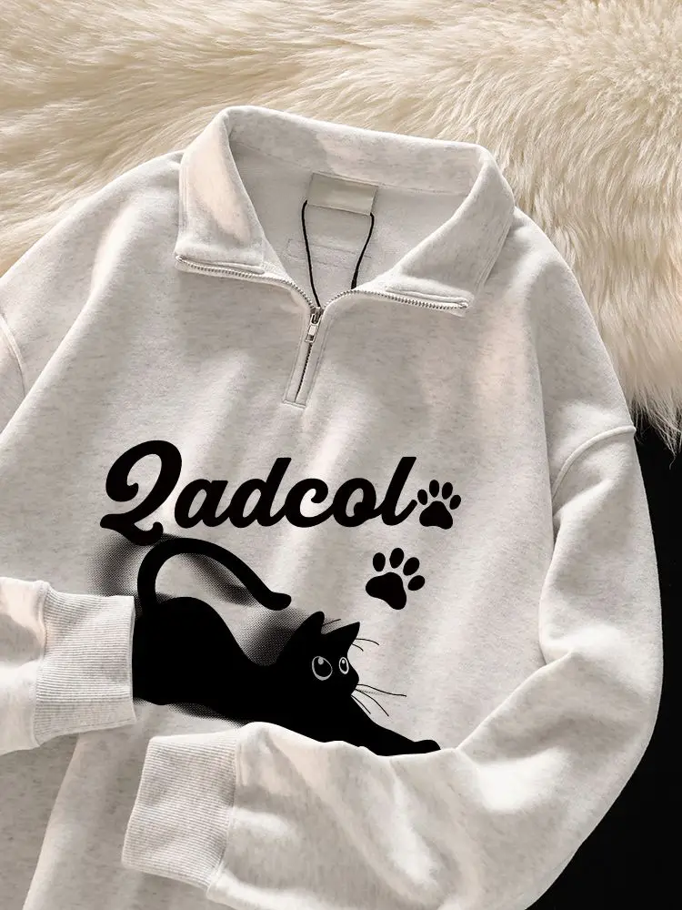 Polo Shirt Zipper Pullovers Cartoon Cat Sweatshirt Women Long Sleeve Streetwear Autumn Japanese Fashion Top