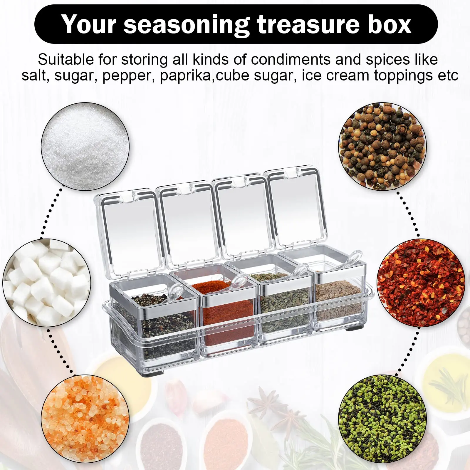 1 Set Acrylic Seasoning Organizer Box 4 Pcs with Lids and Spoons Storage Container Spice Jar for Spice Salt Sugar Cruet Kitchen