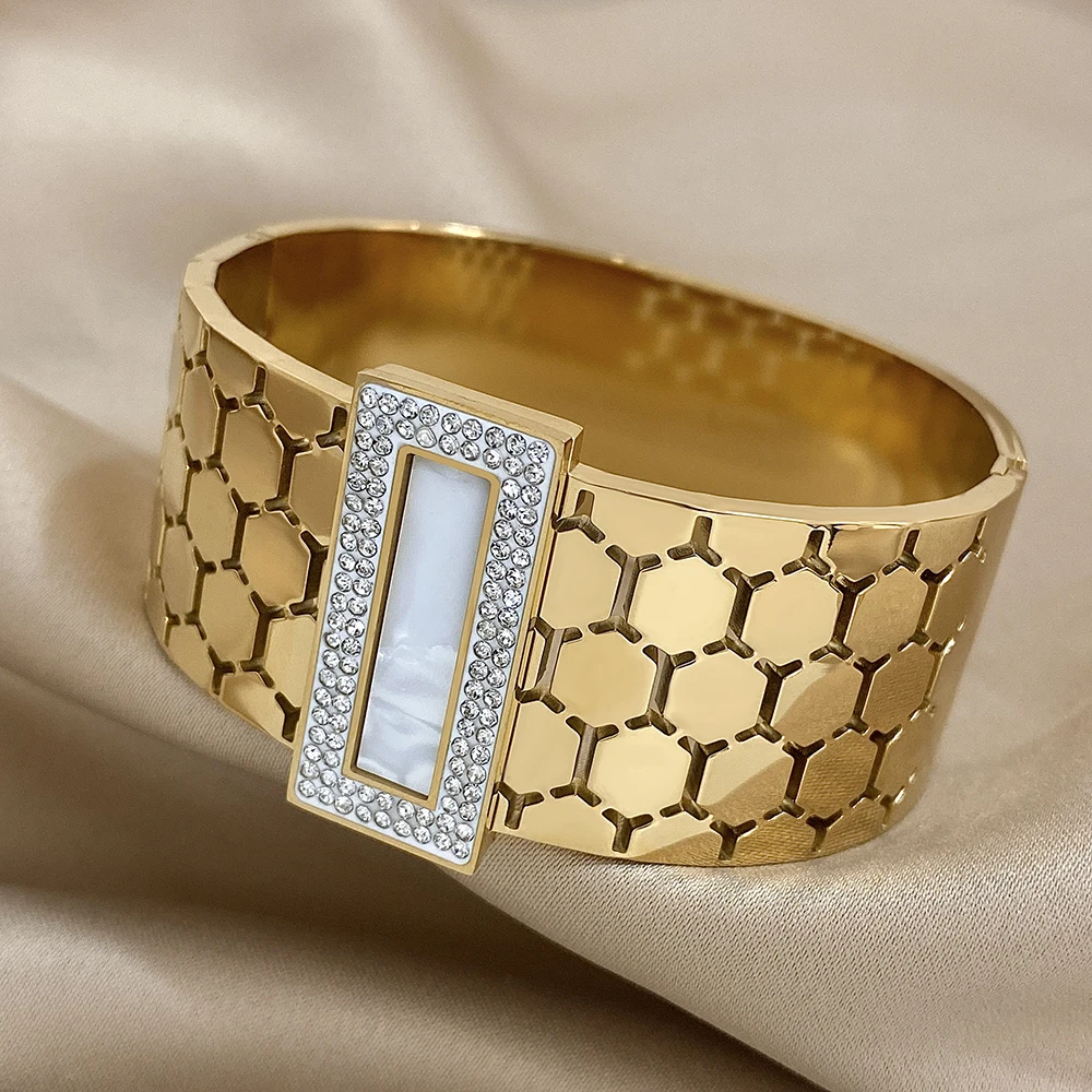 Chunky Wide Hollow Honeycomb Geometric Shape Stainless Steel Bracelet Bangle with Rhinestone Green Shell Cuff Waterproof Jewelry