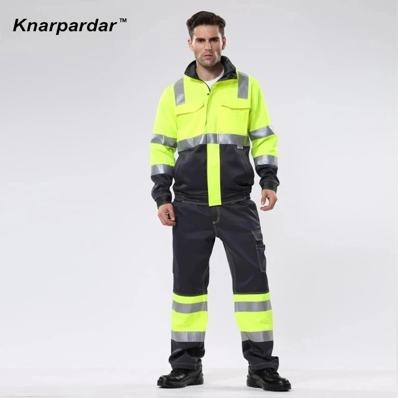 고가시성 노란색 네이비 작업복 재킷과 바지 작업복 세트 고가시성 테이프 작업 재킷 바지