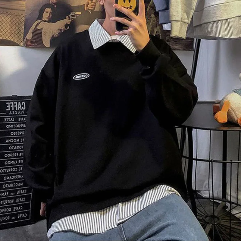 Spring Autumn New Patchwork Fake Two Piece Striped Sweatshirts Man Fashion Casual Loose Tops Harajuku Long Sleeve Shirt Pullover