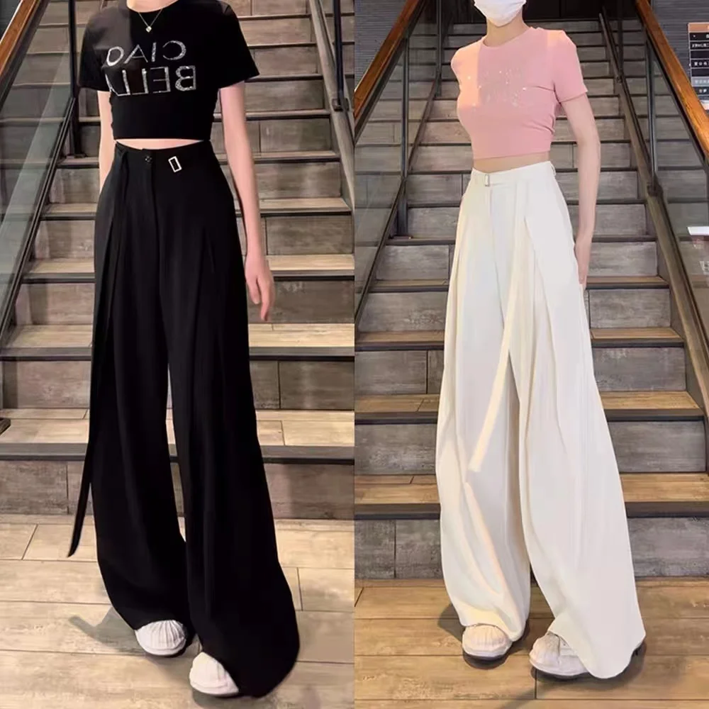 Lace up suit wide leg pants for women's summer 2023 new high waisted loose fitting straight tube casual floor mop pants