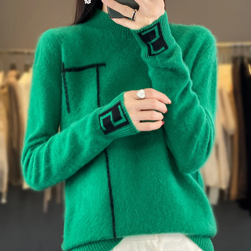 

2023 Autumn/Winter New Women's Half High Collar Pullover 100% Merino Wool Sweater Knitted Pullover Color Matching