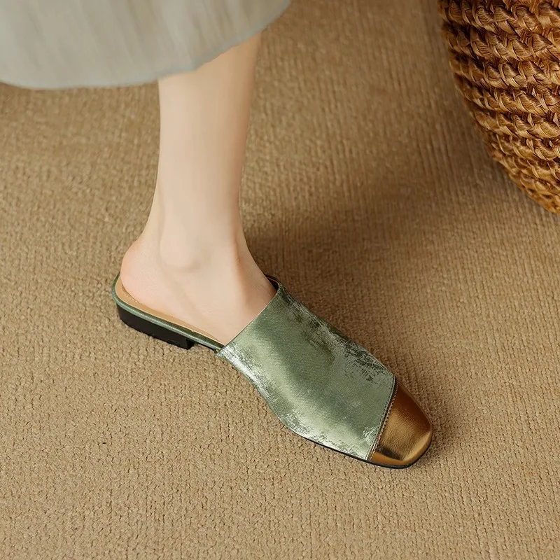 Women's Flat Bottom Real Leather Sandals Summer New Thick Heel Cap Toe Half Slip Cool Mule Shoes Slip-On Casual Flats - 5