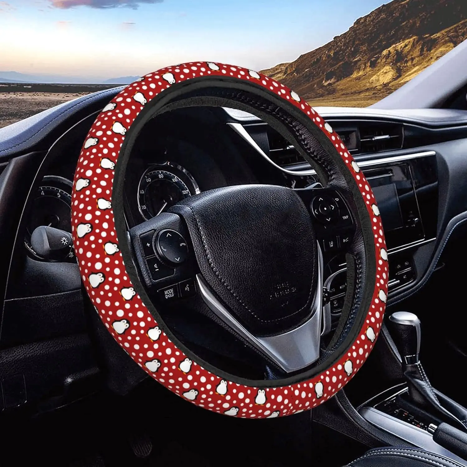 

Cute Penguin Red Polka Dot Snow Steering Wheel Covers Anti Slip Elasticity Car Accessories Steering Wheel Protector Universal