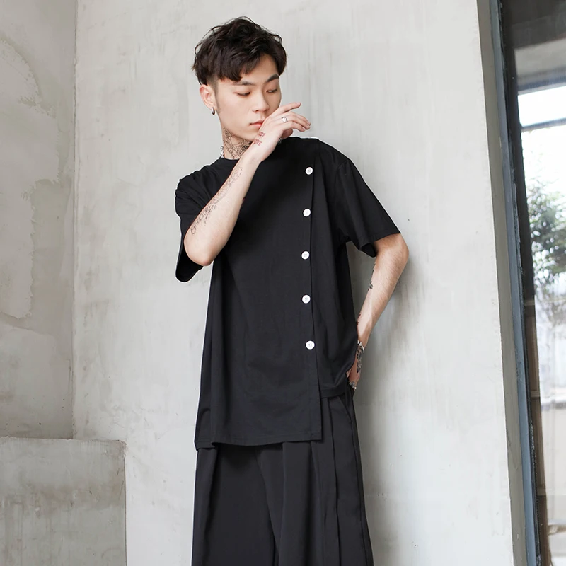

2023 Summer Oversized Men's Shirt Casual Style Buckle Decoration Versatile Irregular Loose Round Neck