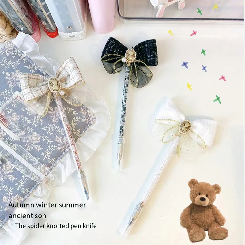 

Retro Bow Knot Pearl Pendant Art Utility Knife Pen Refill Express Box Paper Craft Tools School Washi Tape Sticker Cutter