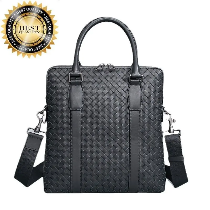 

Men New Leather Design Genuine Tote Briefcases Cow Woven Luxury Crossbody Business Office Shoulder Messenger Bag 2A
