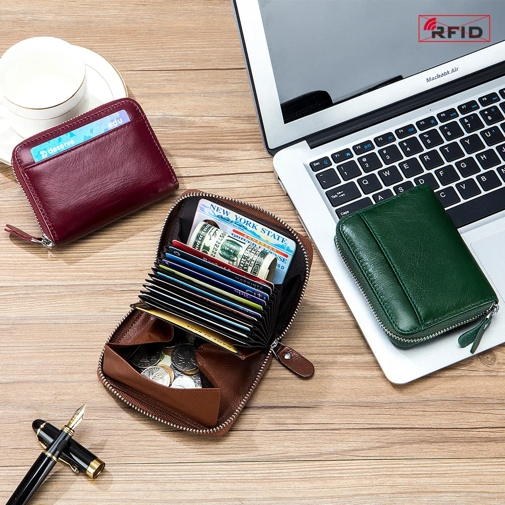 

Vintage Genuine Leather Coin Purses Unisex Smart Zip Change Pocket Men Rfid Card Holders Women Short Wallets Portable Money Bag