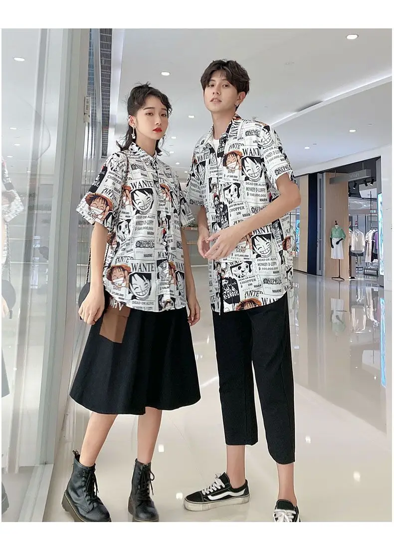 Japan Anime One Piece Luffy Printed Vintage Shirt Summer New Men Hawaiian Short Sleeve Casual Mens Women Couple Shirts Oversized