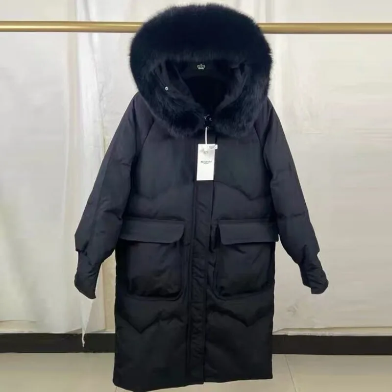 Down Jacket Women Long Knee Length Large Fox Collar Winter New Loose and Thick White Duck Down Hooded Jacket