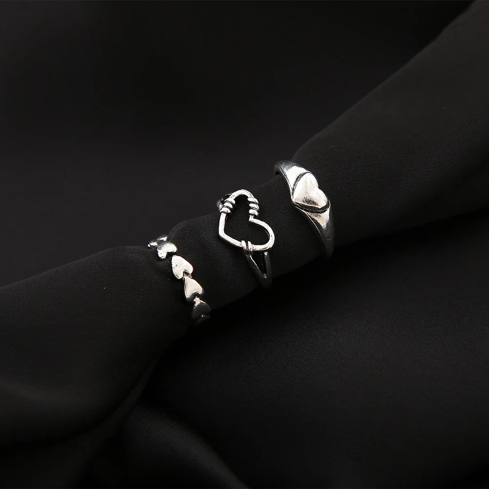 Fashion Goth Heart Rings Set Silver Color Hollow Cute Love