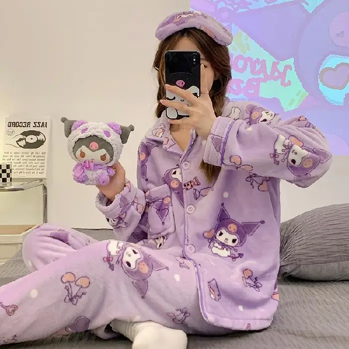 

Coral Velvet Cartoon Pajamas for Women Ins Winter Thickened Warm Cute Flannel Home Clothes Cardigan Set Sanrio Cinnamoroll