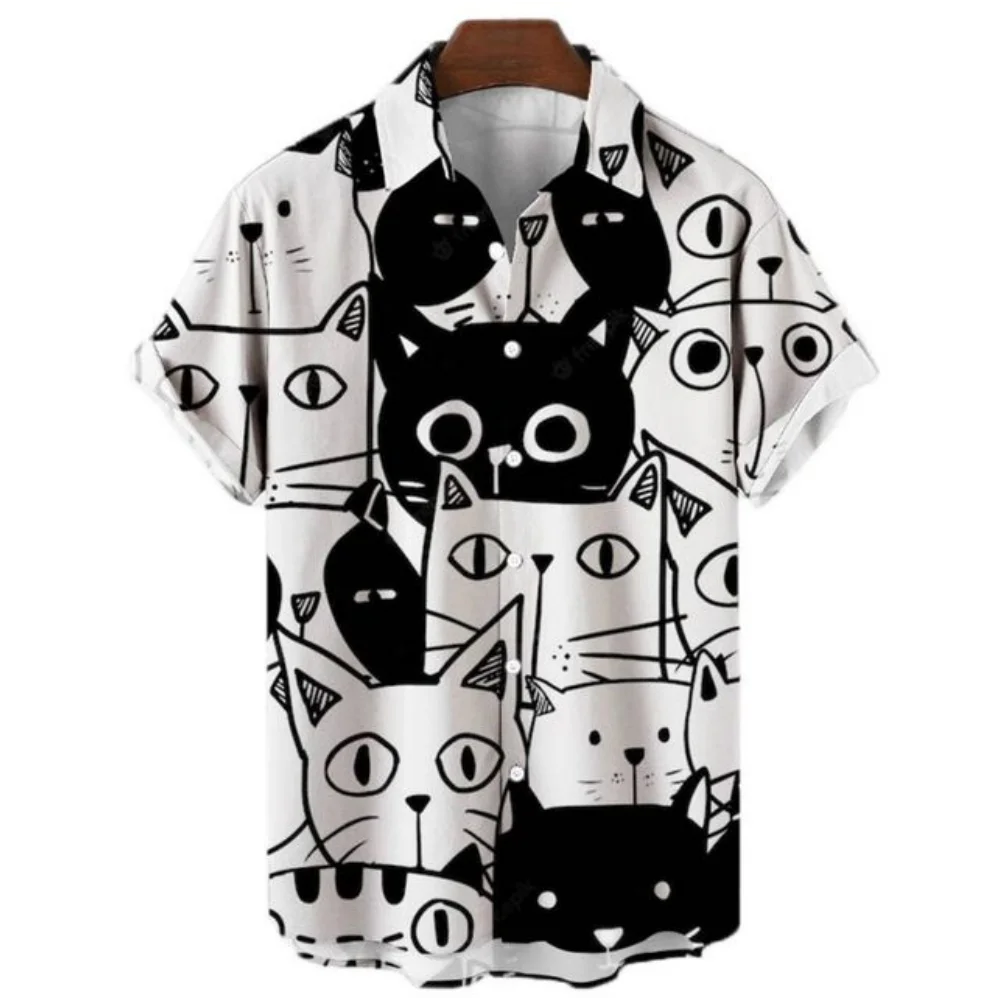 Camisa havaiana de manga curta masculina, lapela 3D, camiseta de anime, roupa de rua casual, gato animal retrô, verão, 2023