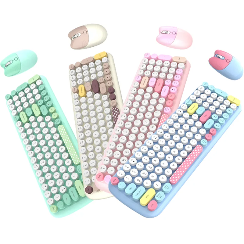 BOW Niedliches 2,4-GHz-Funk-Bluetooth-Tastatur-Maus-Set mit runden Tastenkappen für PC, Laptop, Smartphone und Tablet_voghion.com
