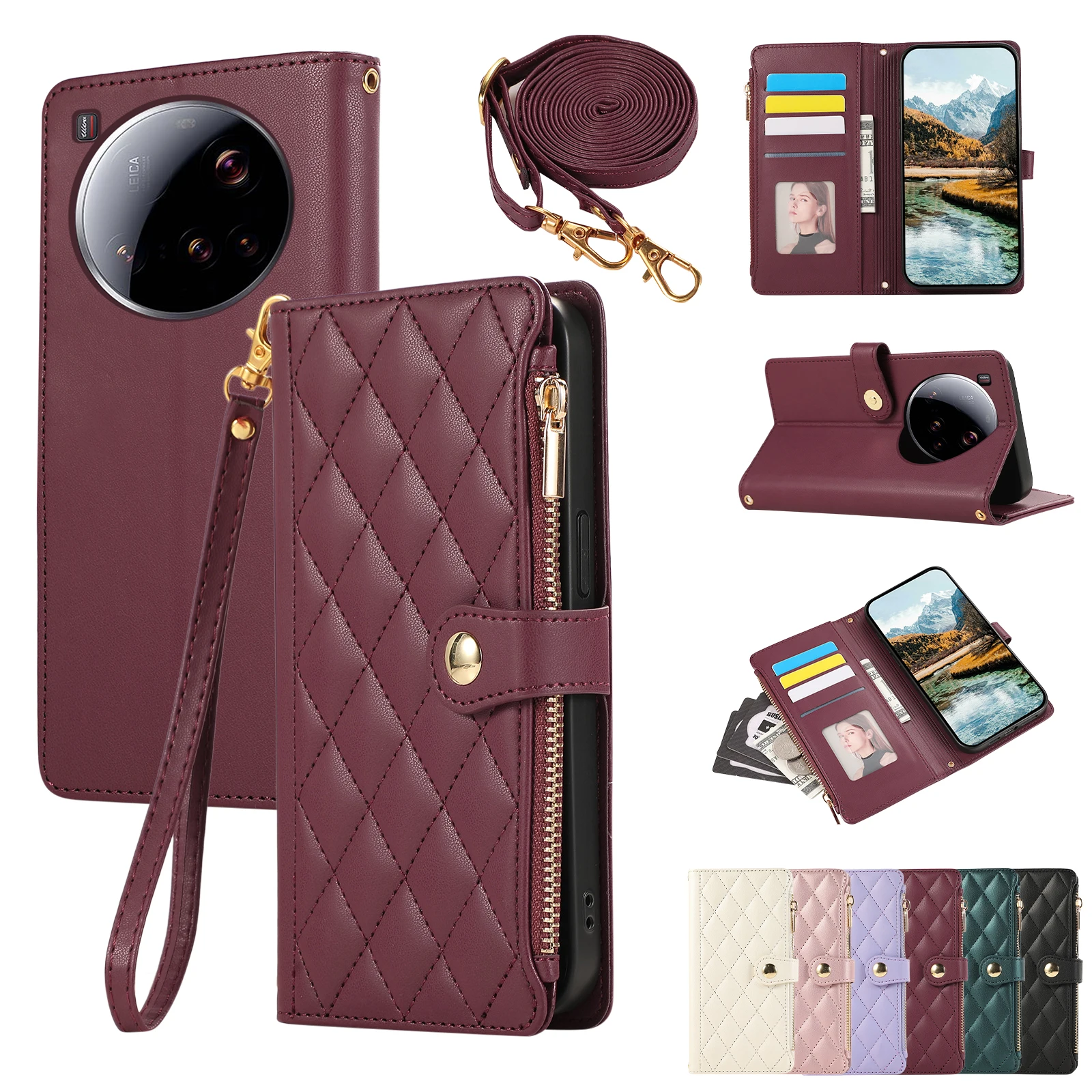Elegant Crossbody Leather Wallet with Zipper and Diamond Design