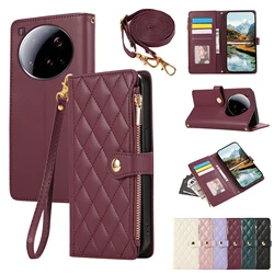 Elegant Crossbody Leather Wallet with Zipper and Diamond Design for Xiaomi 13Tpro (Wine red)