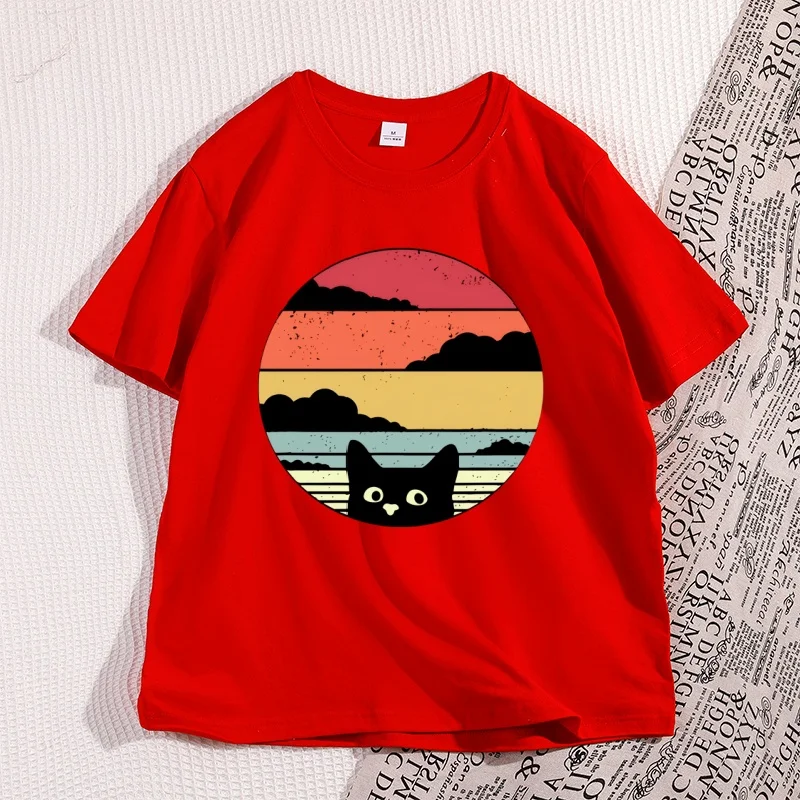 Vintage Black Cat Sunset Graphic Unisex T-Shirt - Cool Streetwear, Casual High-Quality Cotton Y2K Tee