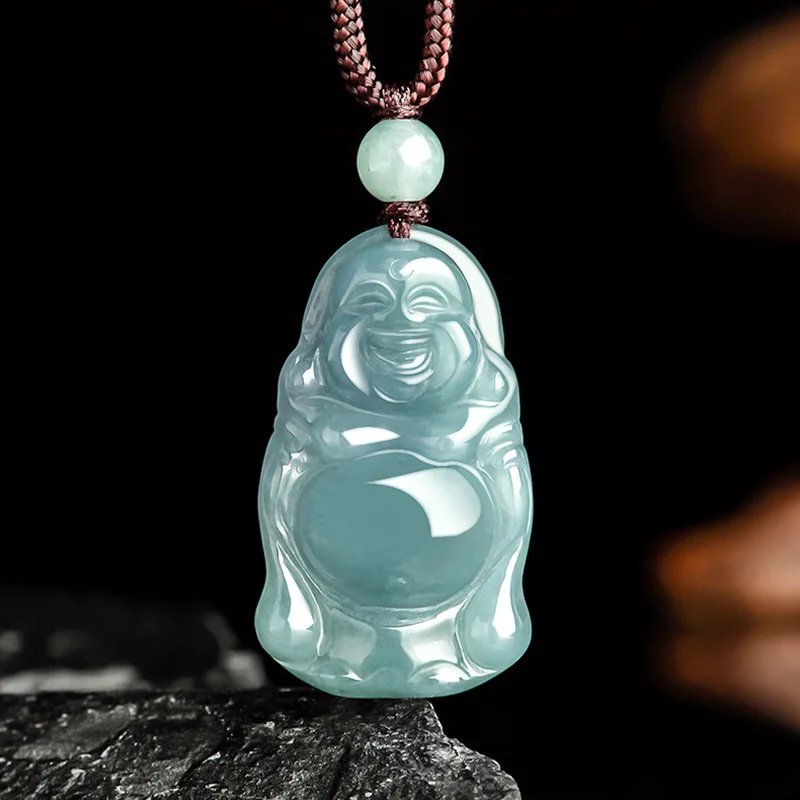 

Mai Chuang/ Natural Jade Hand-carved Blue Water Laughing Buddha Necklace Pendant Fashion Men Women Amulet Gift Send Certificate