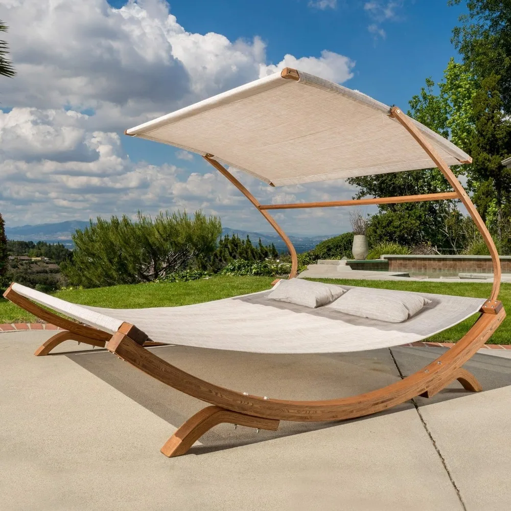 Outdoor Patio Lounge Daybed Hammock with Adjustable Shade Canopy, Teak Hammocks 3