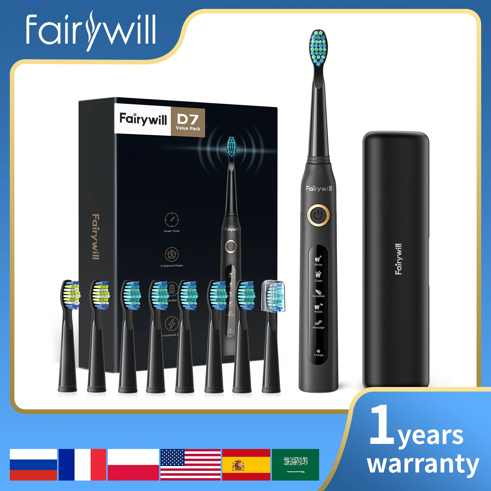Electric Toothbrush Replacement Heads 5 Modes Waterproof Travel Case Toothbrush Set