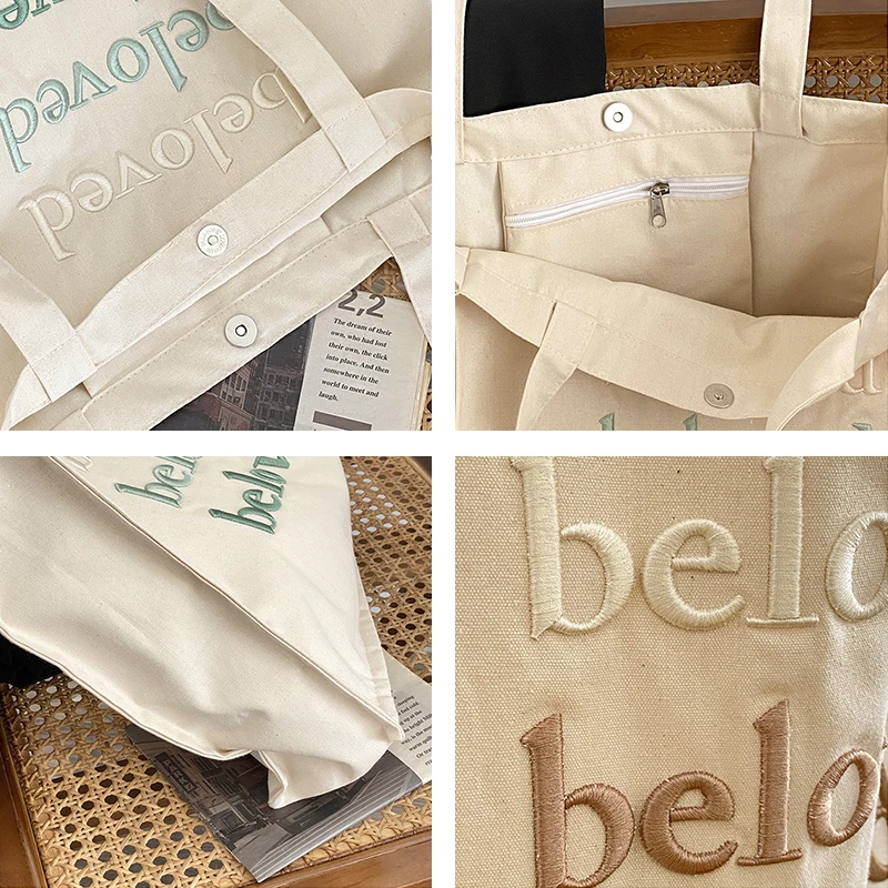 Women Canvas Shoulder Bag Beloved Embroidery Daily Shopping Bags Students Books Bag Thick Cotton Cloth Handbags Tote For Girls shoulder bag canvas tote bag