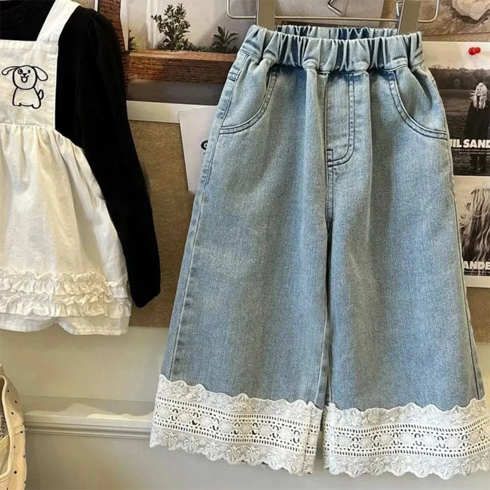 

Sweet Girls Straight Lace Jeans new Versatile Summer Wide Leg Pants Children's Fashion Casual Jeans Clothes Pants Toddler 1-8T