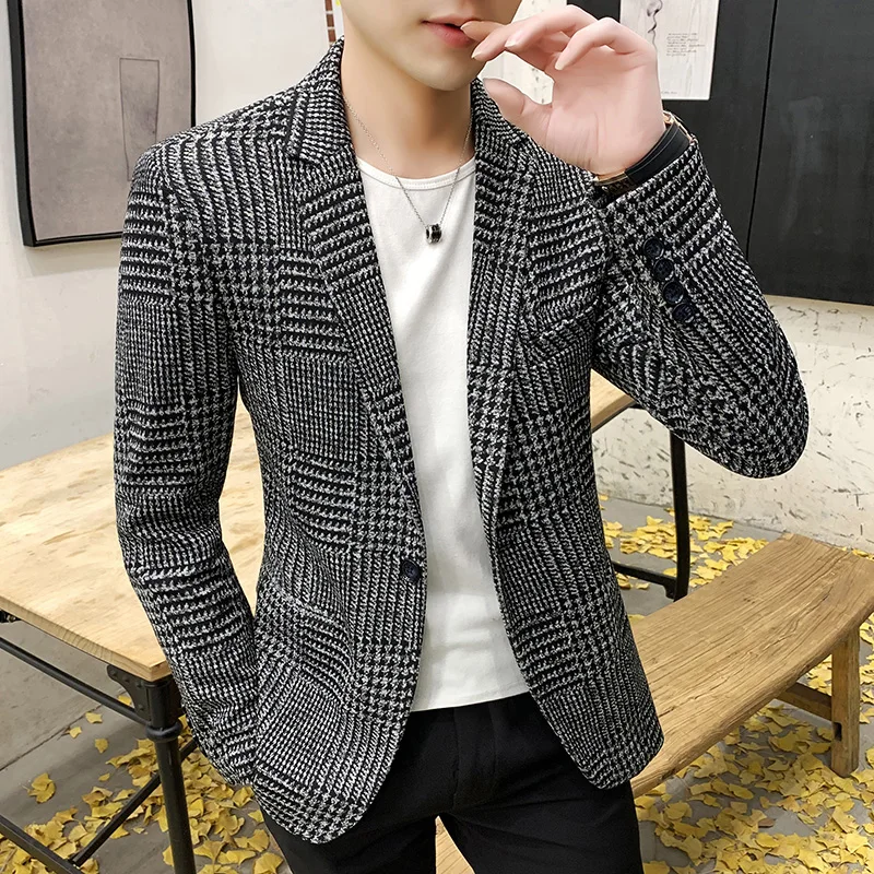 Houndstooth Plaid Men Blazers Casual Slim Fit Suit Jacket Wedding Dress