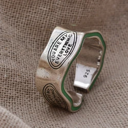 Elegant Retro Thai Silver Green Stripe Ring with Letter Carving - Women's New Year Gift - Resizable (J2844)
