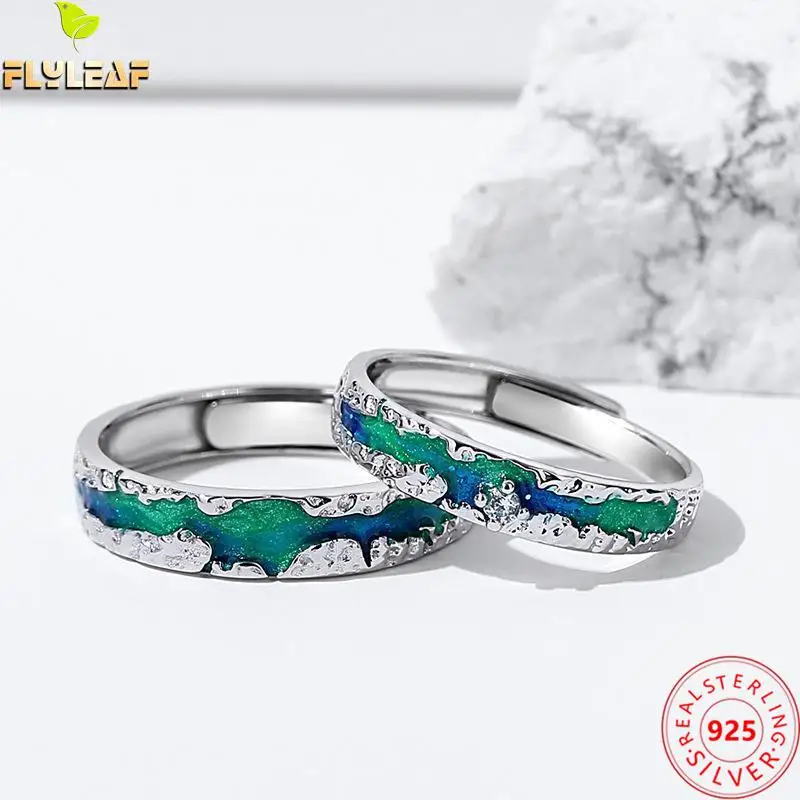

Real 925 Sterling Silver Jewelry Enamel Aurora Couple Open Ring For Women Men Original Design Valentine's Day Gifts 2022 New