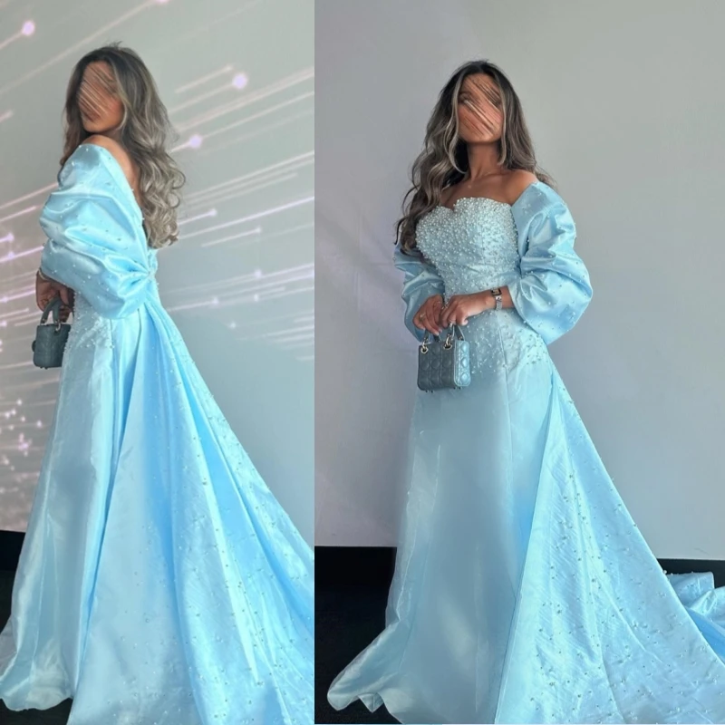 

Blue A-line Prom Dresses Elegant Fashion Strapless Floor Length Stole Satin Ruched Beaded Court Formal Evening Gowns Discount