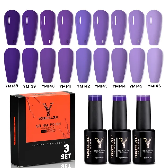 YOKEFELLOW Smalto per unghie gel viola 10ml 3Set Semi-permanente Soak Off Smalto gel per la cura della luce UV per nail art Manicure fai da te a casa 1