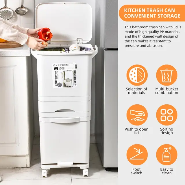 Garbage Classification 42L 3Layers Plastic Trash Bin Home Kitchen Garbage Classification Can with Wheels Garbage Storage 6