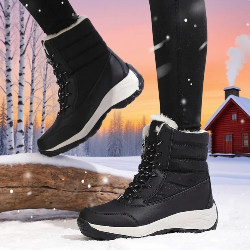 2025 Winter Snow Boots for Women Warm Fur Lined Waterproof Non Slip Mid Calf Boots Fashion Outdoor Skiing Walking Shoe for Women