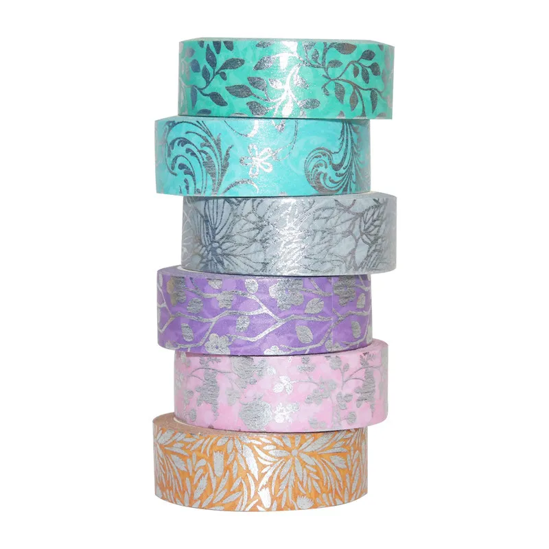 6pcs 실버 호 일 꽃 Washi 테이프 세트 15mm * 5m 꽃 접착제 마스킹 테이프 장식 스티커 일기 앨범 F7044