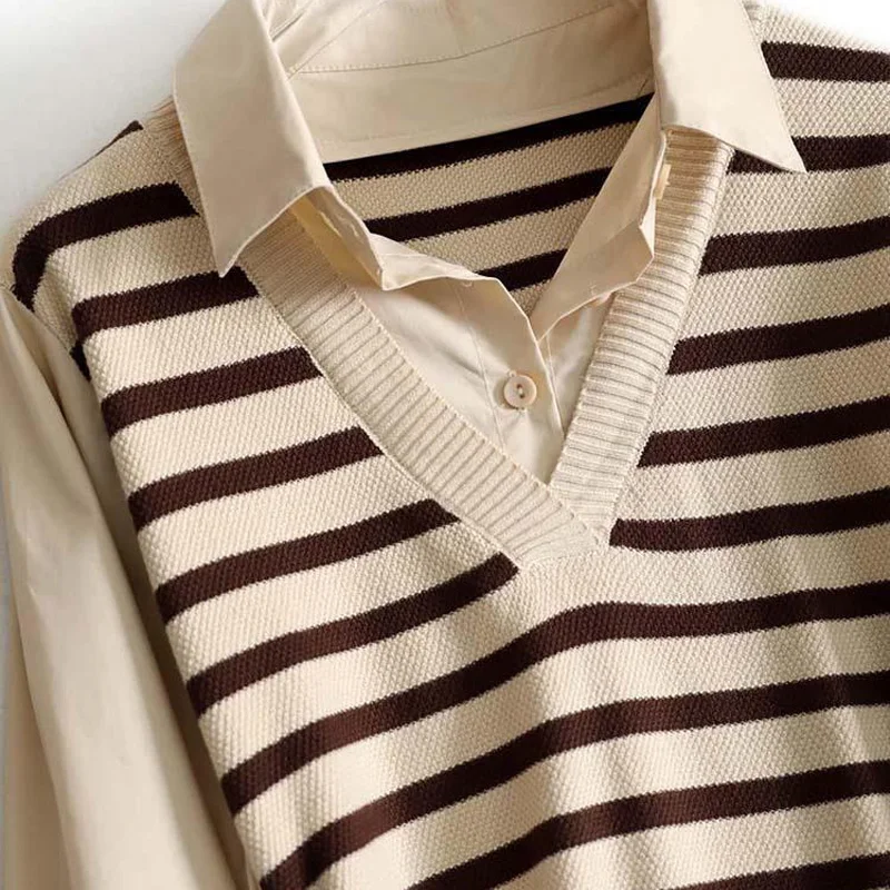 Spring Autumn New Solid Color Fake Two Pieces Shirt Women High Street Casual Long Sleeve Button Knitting Patchwork Pullovers