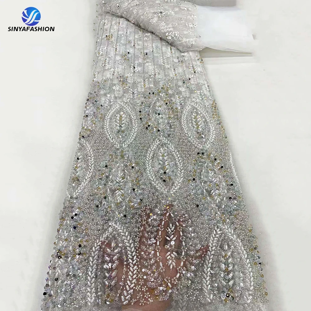 

Sinya Embroidery Pearls Sequence Diamond Beads African Nigerian Sequins Tulle Beaded Lace Fabric Luxury Bridal Gown Wedding Lace