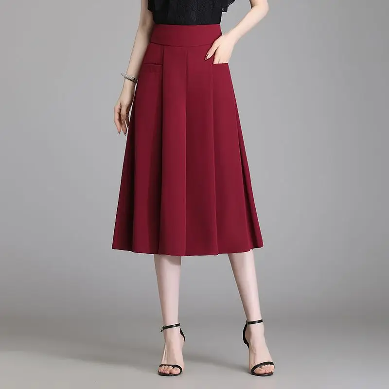 Summer Women Fashion Solid Wide Leg Capris Korean Oversized Skirt Pants Versatile Casual Elastic High Waist Ice Silk Trousers
