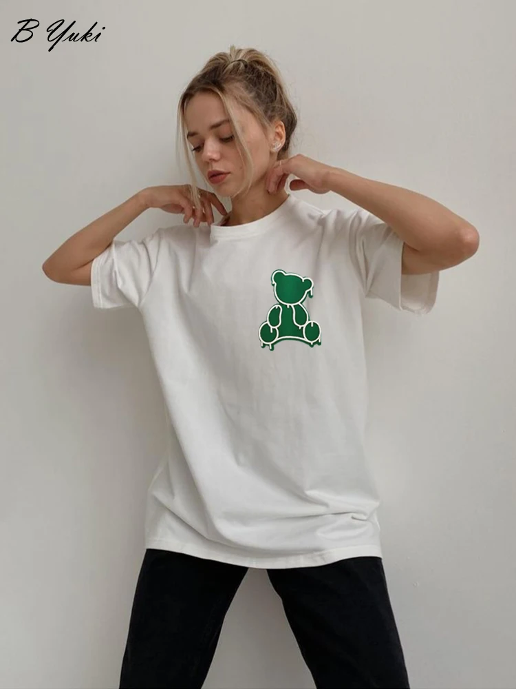 

Blessyuki Korean 3D Bear Graphic T Shirts Women Summer Loose 100% Cotton Short Sleeve Tees Female Trendy High Street Basic Tops