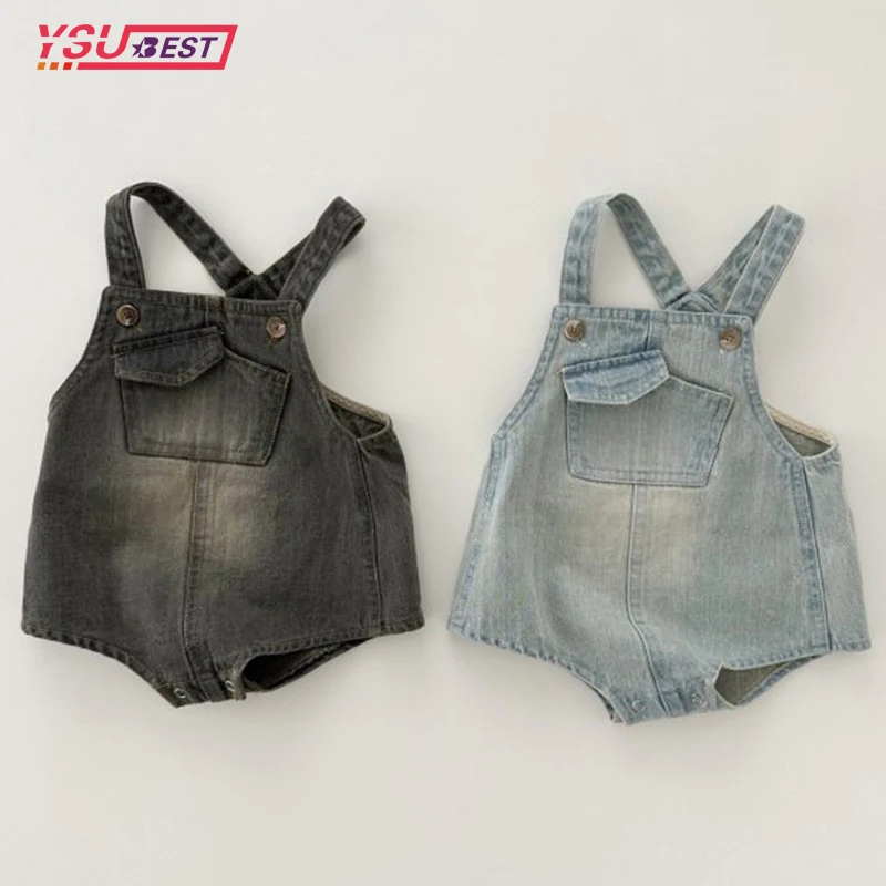 

Джинсовый комбинезон для малышей, летняя одежда для маленьких девочек и мальчиков, комбинезон без рукавов с пуговицами и застежкой, комбинезон, джинсовый комбинезон для малышей с карманами