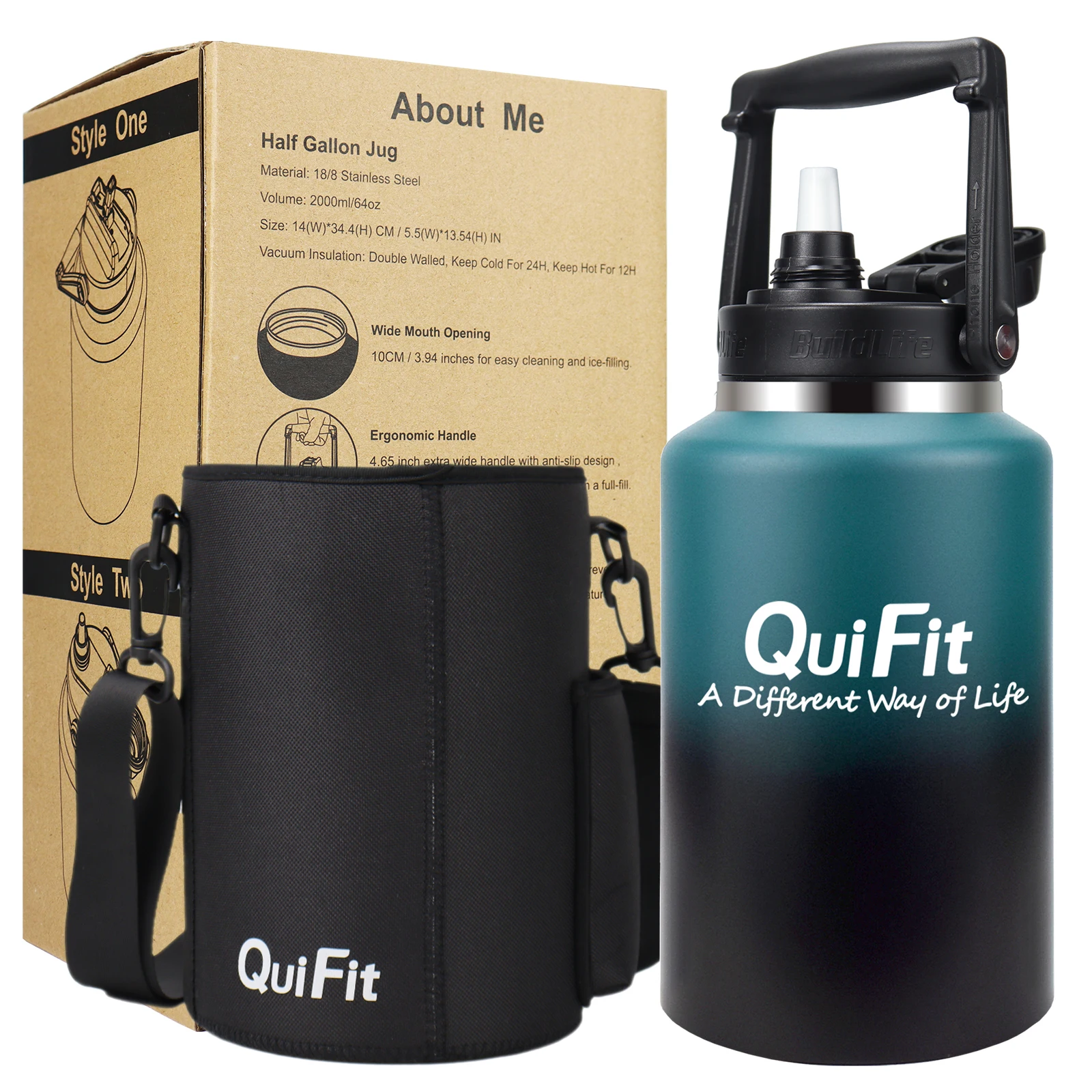 Quifit 스테인리스 스틸 물병, 빨대 포함, 진공 단열 이중벽 보온, 액체 보온, 냉온, 2L, 64Oz, 3.8L, 128oz 