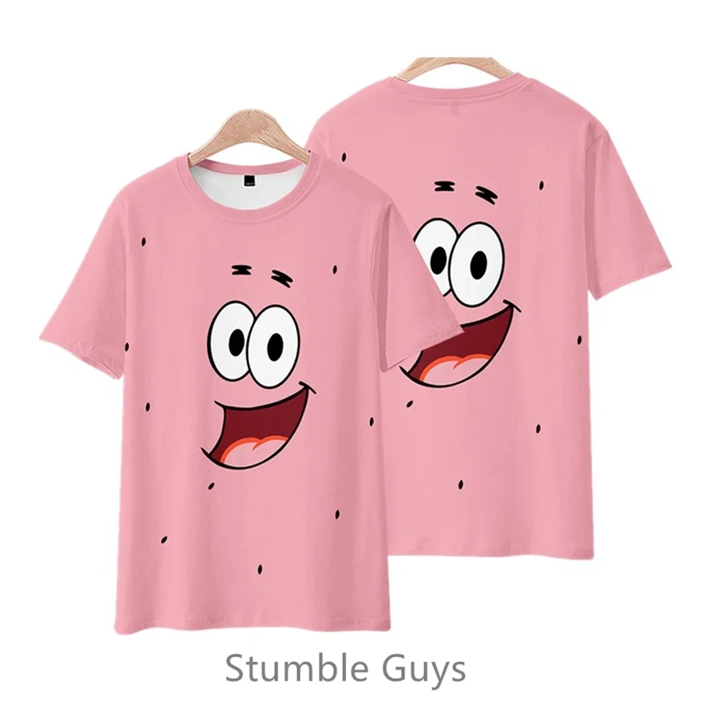 2024 Summer New Boys Clothes Girls 3D SpongeBob SquarePants Round Neck T-shirt Kids Street Leisure Sports Large Breathable Tops 2
