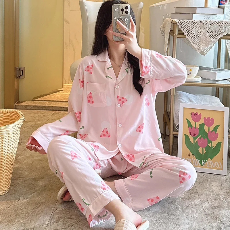 Spring Female Pajamas Long Sleeve Pant Two-piece Set Thin Lapel Cotton Silk Nightgown Sweet Print Home Wear Clothing for Women